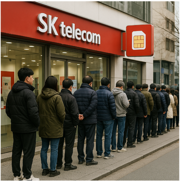 SKT 대리점 앞에서 유심을 교체하기 위해서 길게 줄 서있는 고객들