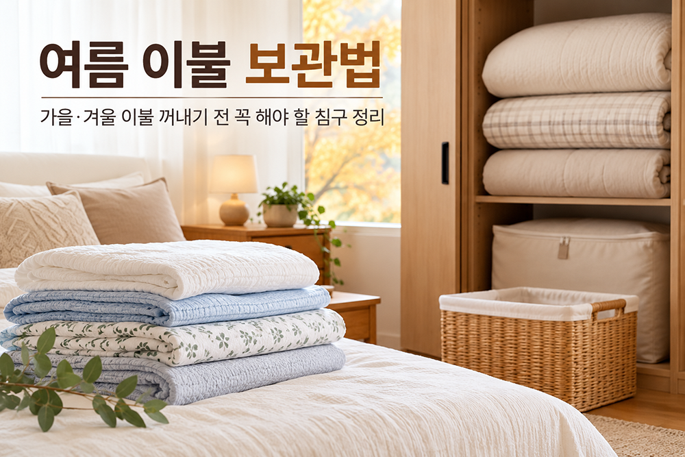 여름 이불 보관과 가을 겨울 침구 교체를 위해 이불을 정리해 수납하는 침실