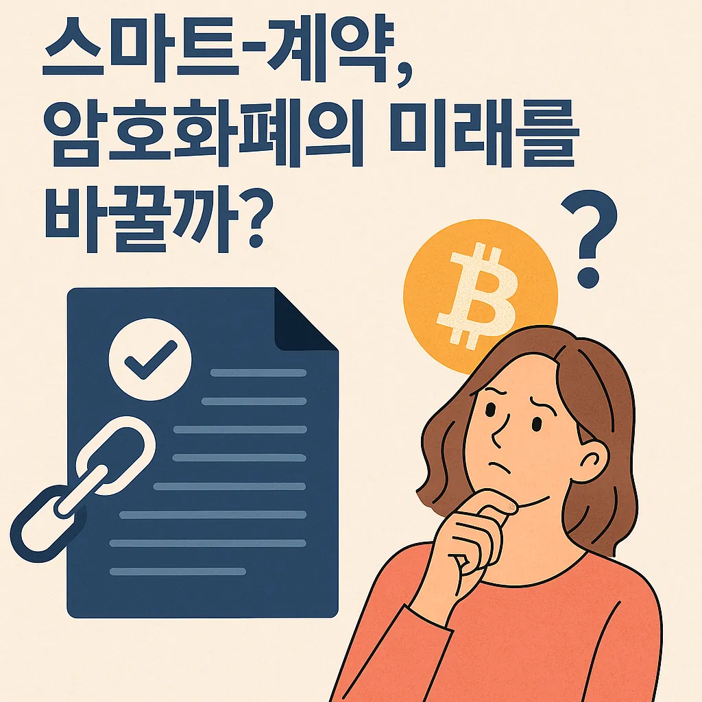 스마트-계약이-암호화폐의-미래를-바꿀지에-대한-질문을-표현한-일러스트로-문서와-체인-아이콘-비트코인-기호-생각하는-여성이-함께-나타남