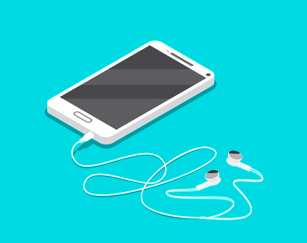 하늘색 바탕에 하얀 스마트폰이 있다. 하얀 이어폰이 꽂아진 상태다.