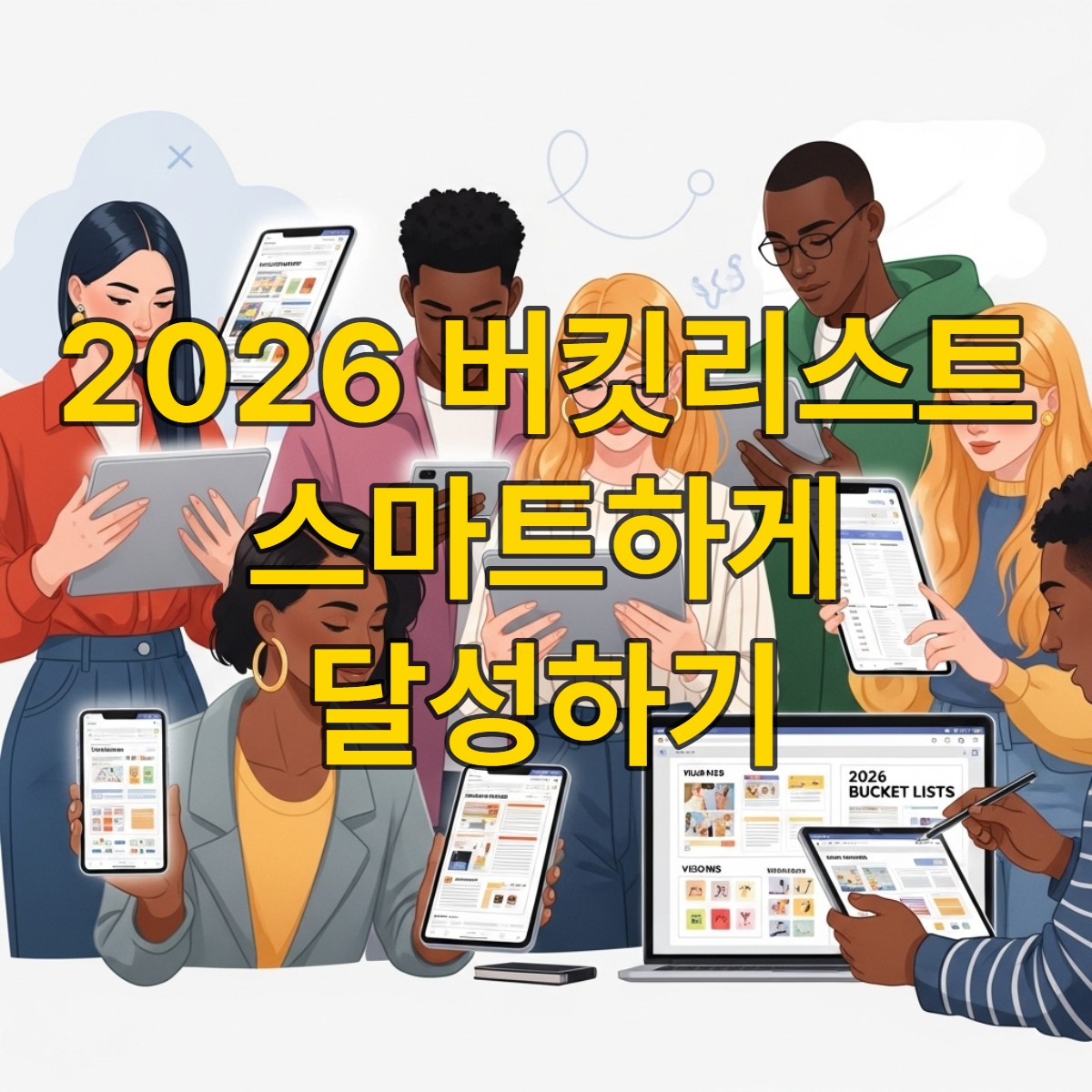 다양한 MZ세대 청년들이 태블릿, 스마트폰, 노트북 등 디지털 기기로 2026년 버킷리스트를 계획하고 목표를 설정하는 모습. 효율적인 스마트 플래너 활용을 통한 자기계발과 성공을 암시하는 이미지.