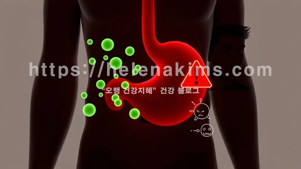 인간의 위(stomach)가 중앙에 배치 되어 있고, 위 좌측은 건강하고 편안한 트림을 상징하는 부드러운 초록색 가스 입자가 위로 퍼져나가는 모습.