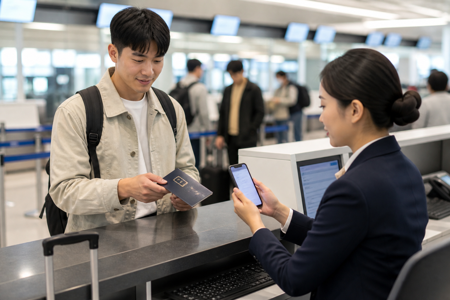공항 체크인 카운터에서 정정된 항공권과 여권을 확인하는 모습