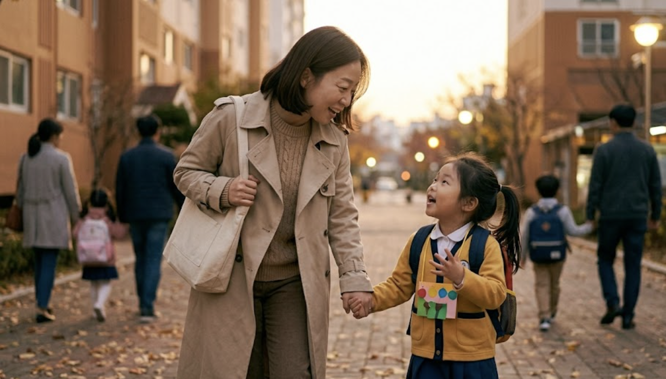 하원하며 얘기를 늘어놓는 엄마와 아이의 모습