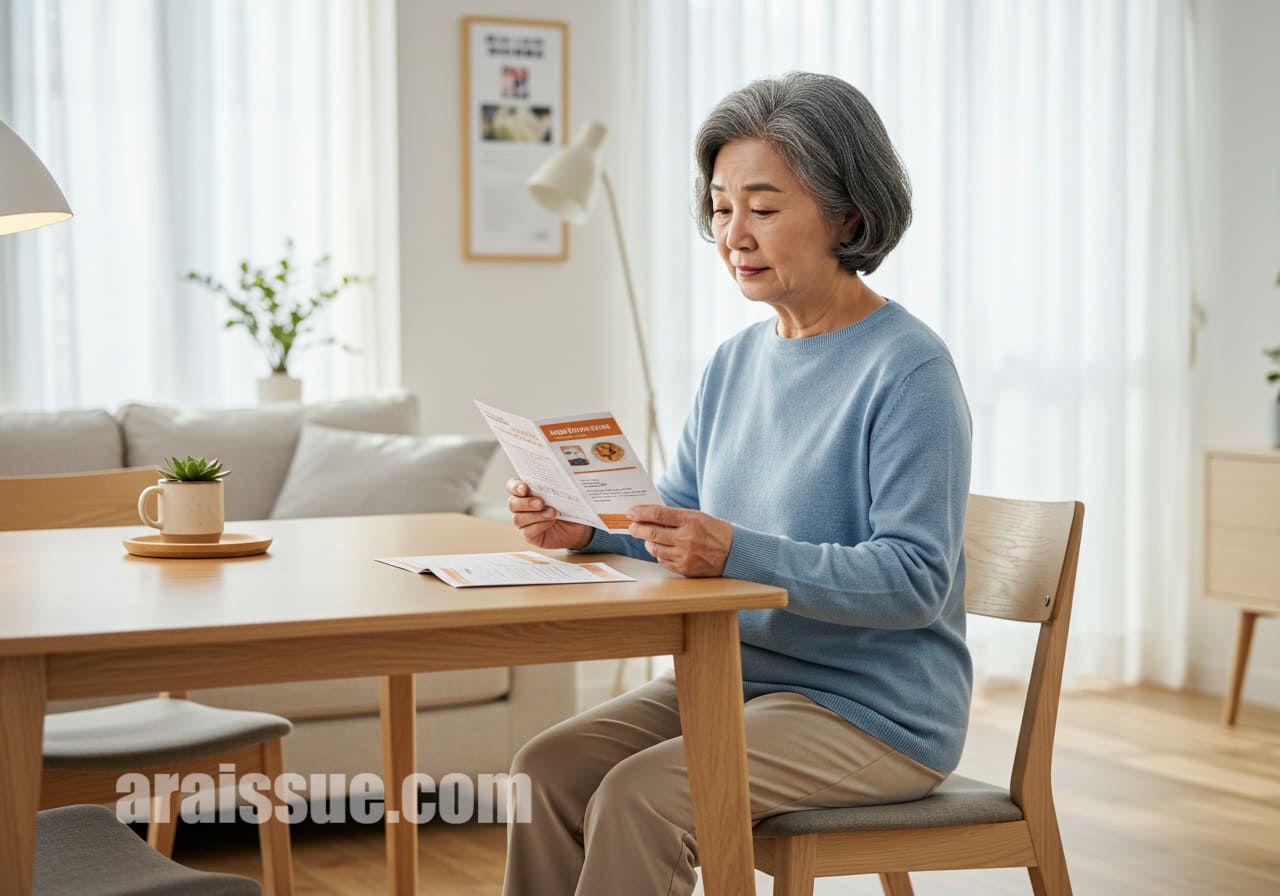 한국의 노년 여성이 식탁에서 바우처 카드와 사용 가이드를 살펴보는 장면입니다.
조명이 따뜻한 현대식 거실 배경이 함께 담겨 있습니다.