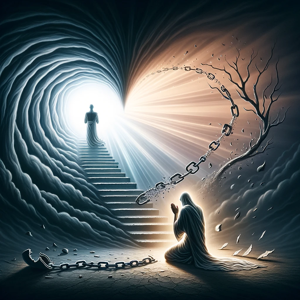 The image above portrays the profound moment of transformation and forgiveness, as a heart turns away from evil through prayer. It symbolizes the journey from darkness to light, highlighting the power of repentance and divine mercy.