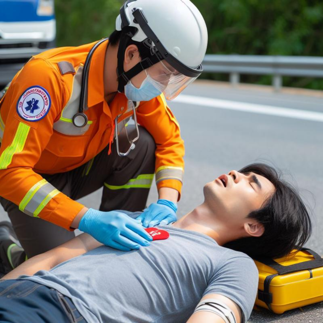 구급대원이 환자의 상태를 확인하고 있다.