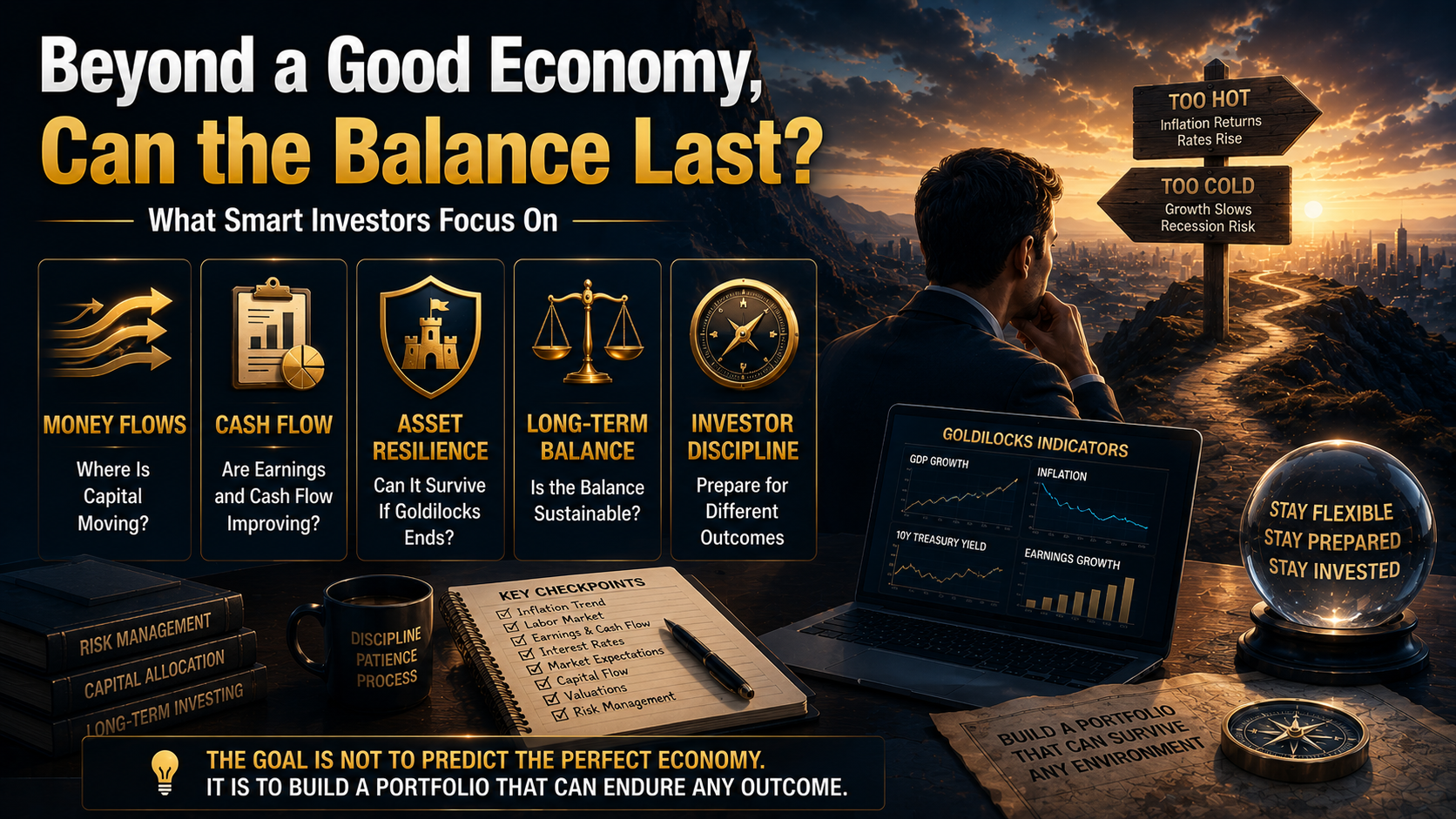 Investor evaluating money flows, cash flow, asset resilience, valuations, and the sustainability of a Goldilocks economy