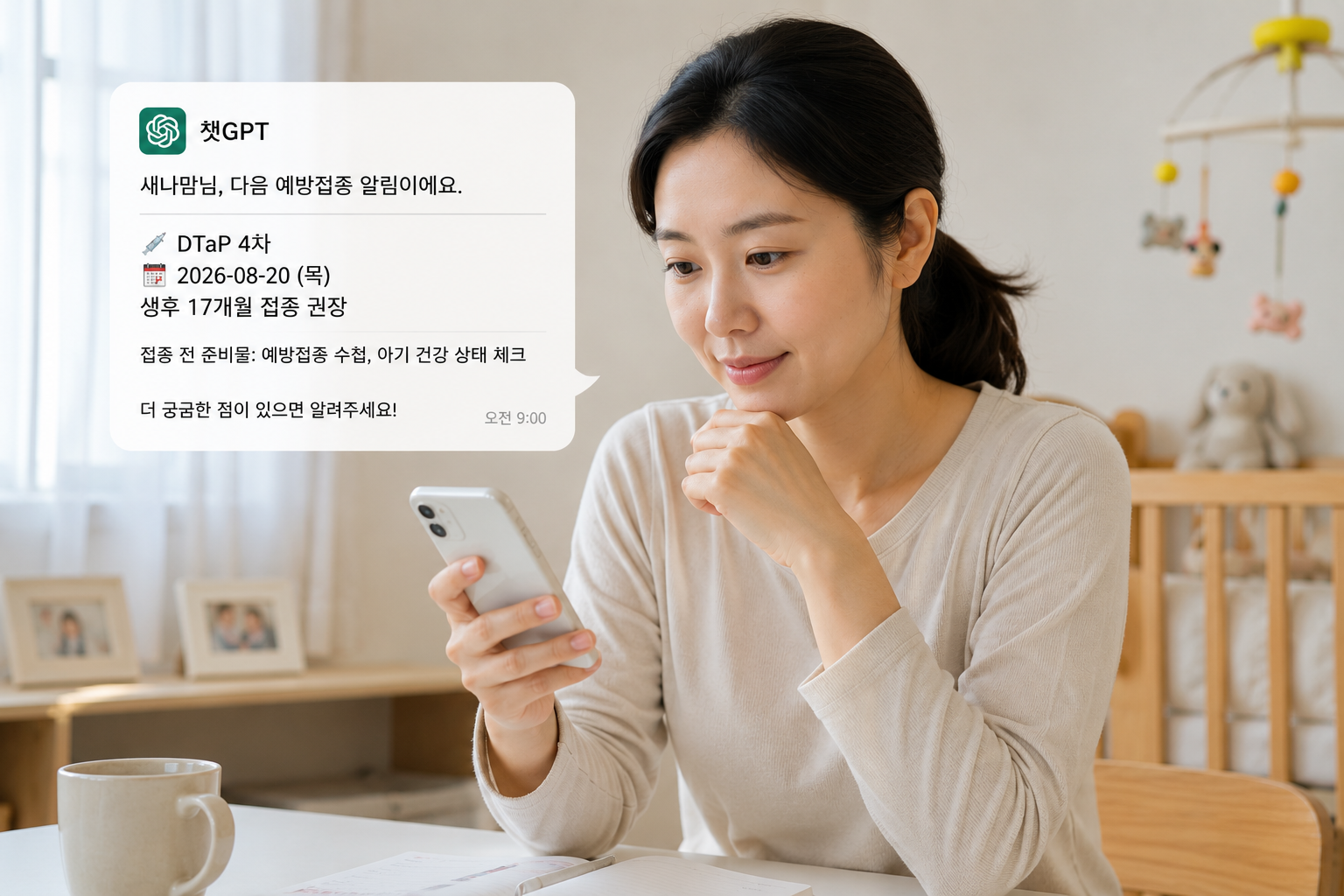 한국 30대 엄마가 챗GPT 예방접종 알림을 스마트폰으로 확인하며 육아 일정을 관리하는 모습