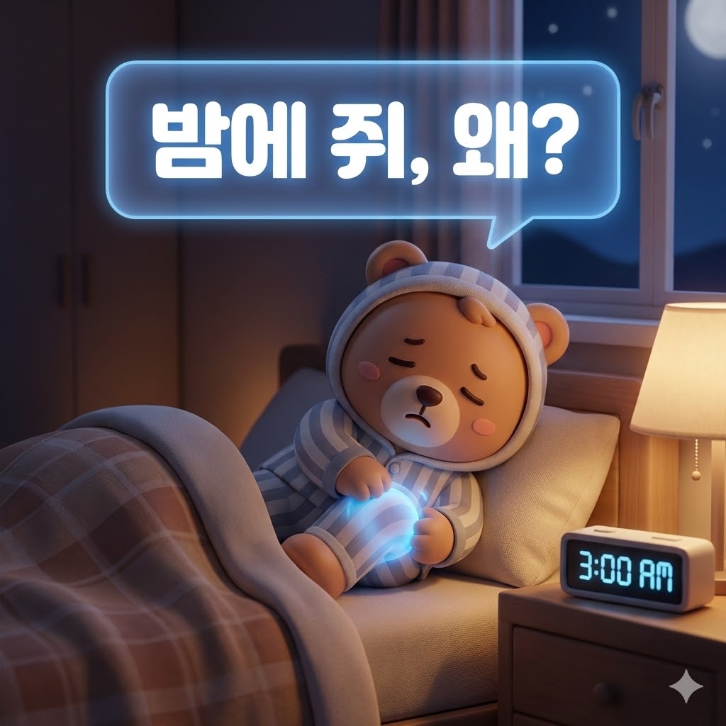 밤에 종아리에 쥐가 나서 고통스러워하는 귀여운 잠옷 캐릭터의 3D 카툰 일러스트. '밤에 쥐, 왜?'라는 한글 텍스트가 삽입되어 있음.