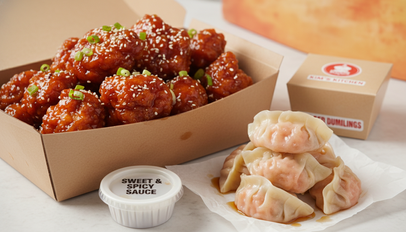 포장 용기에 담긴 먹음직스러운 닭강정과 얇은 피의 새우만두