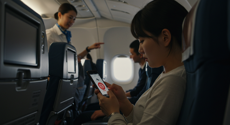 비행 모드로 설정된 스마트폰을 들고 있는 여행객