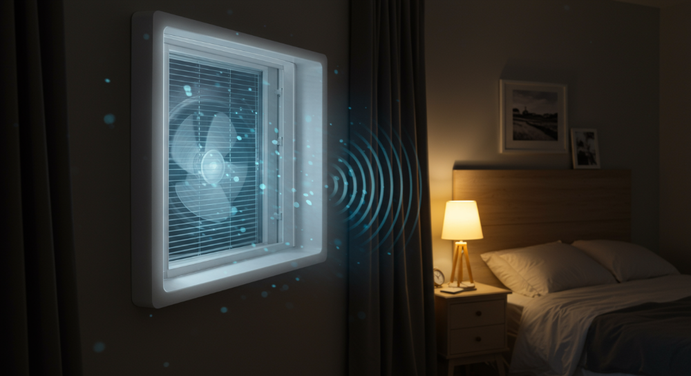 2025년형 저소음 창문형 에어컨이 설치된 조용한 침실 풍경.