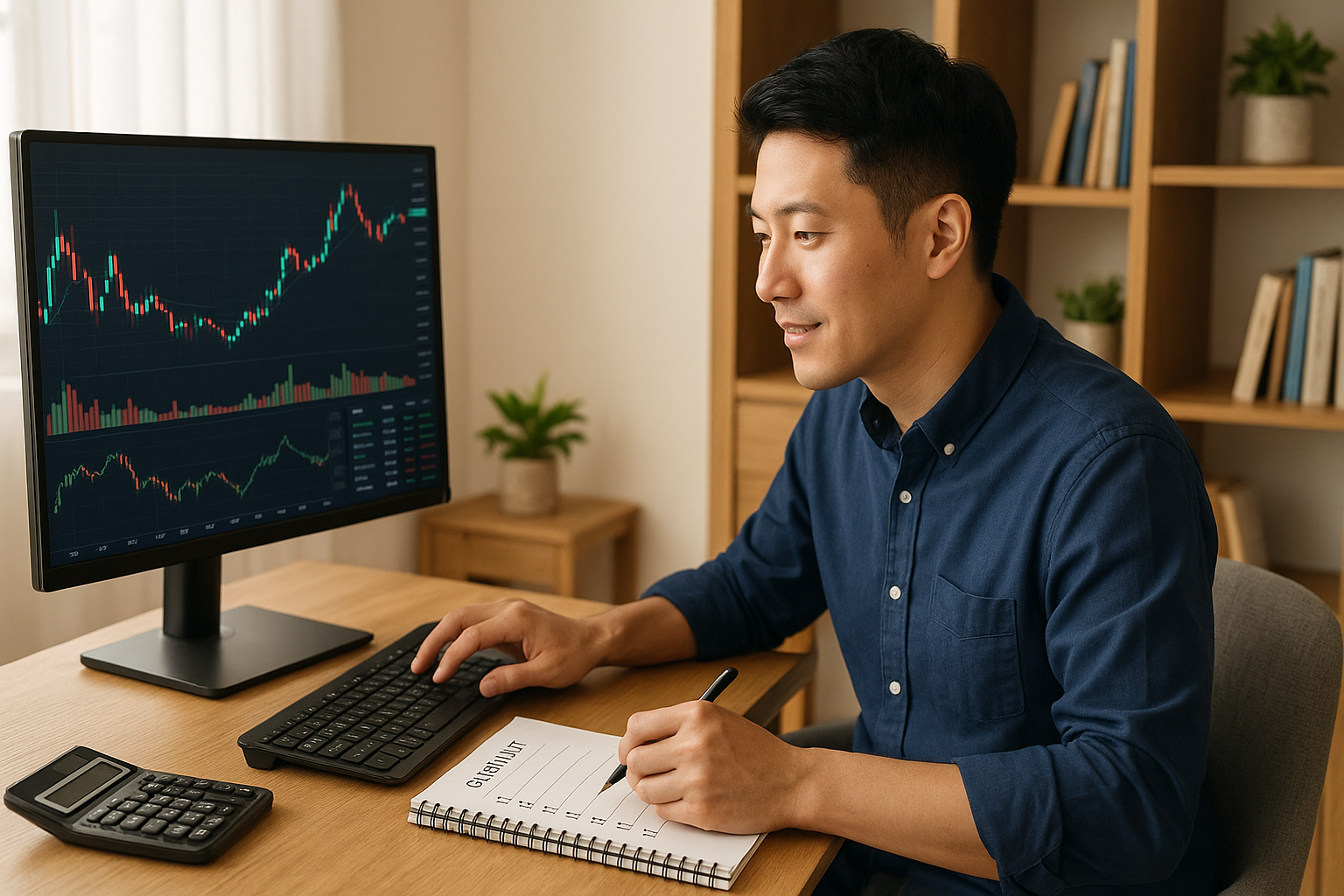 주식 차트를 분석하며 체크리스트를 사용하는 투자자
