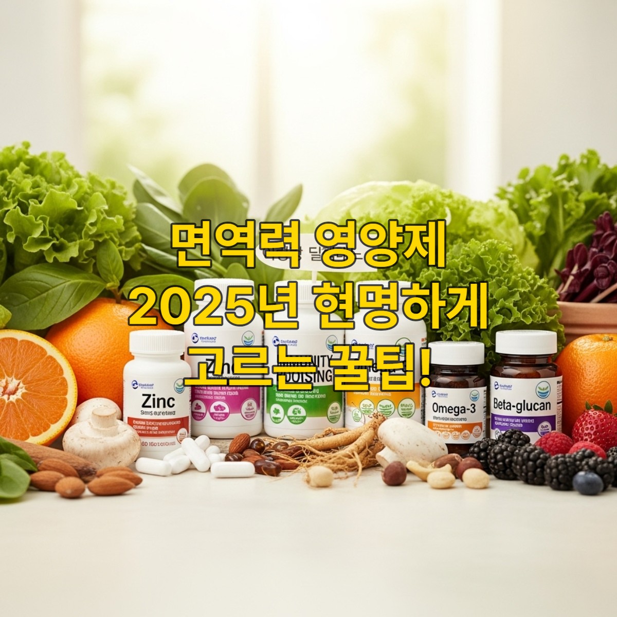 다양한 면역력 영양제(비타민, 아연, 유산균, 홍삼, 오메가3 등)와 신선한 과일 및 채소가 조화롭게 놓여 건강하고 활기찬 면역력 강화를 상징하는 모습.