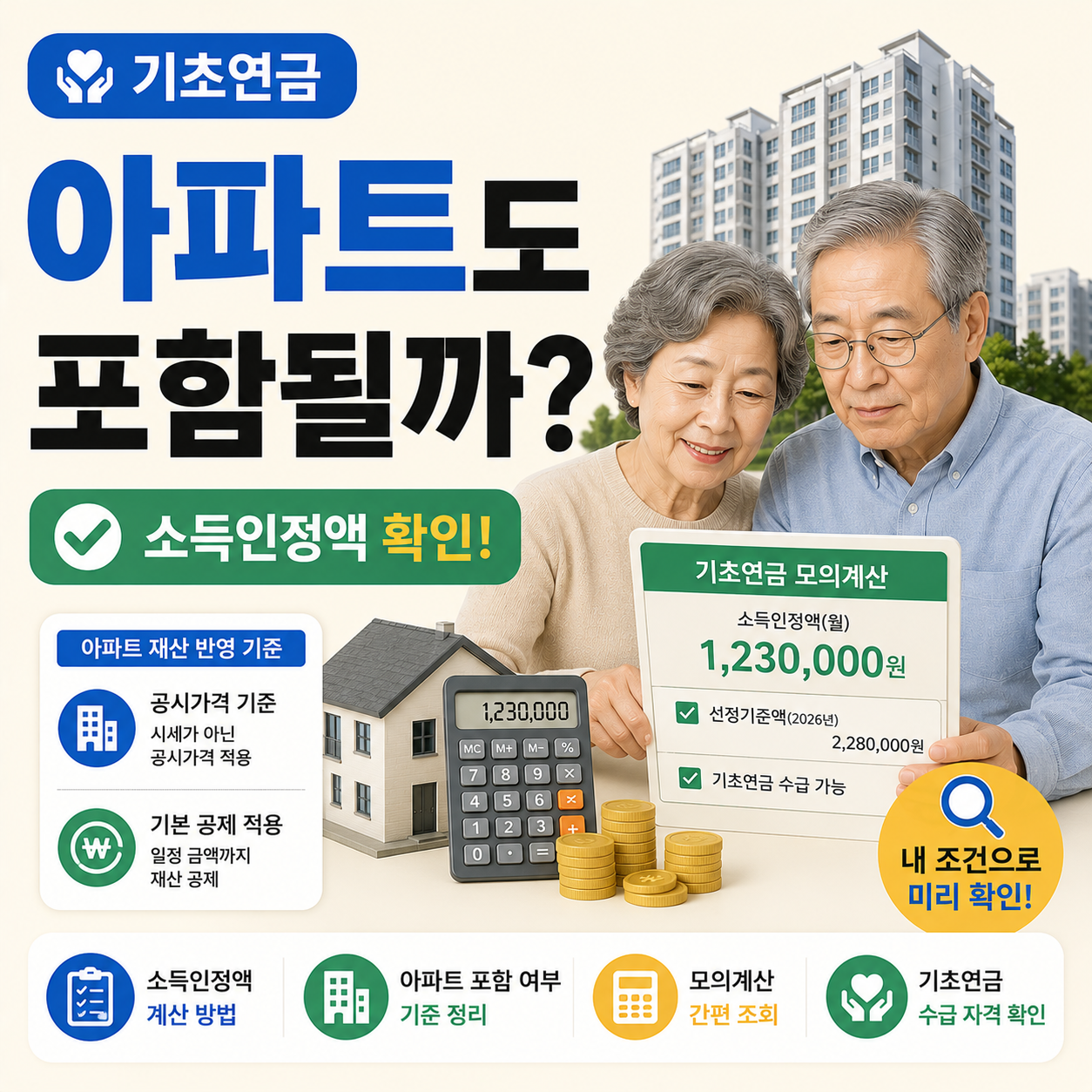 기초연금 소득인정액 계산 시 아파트 재산 반영 여부를 안내하는 이미지