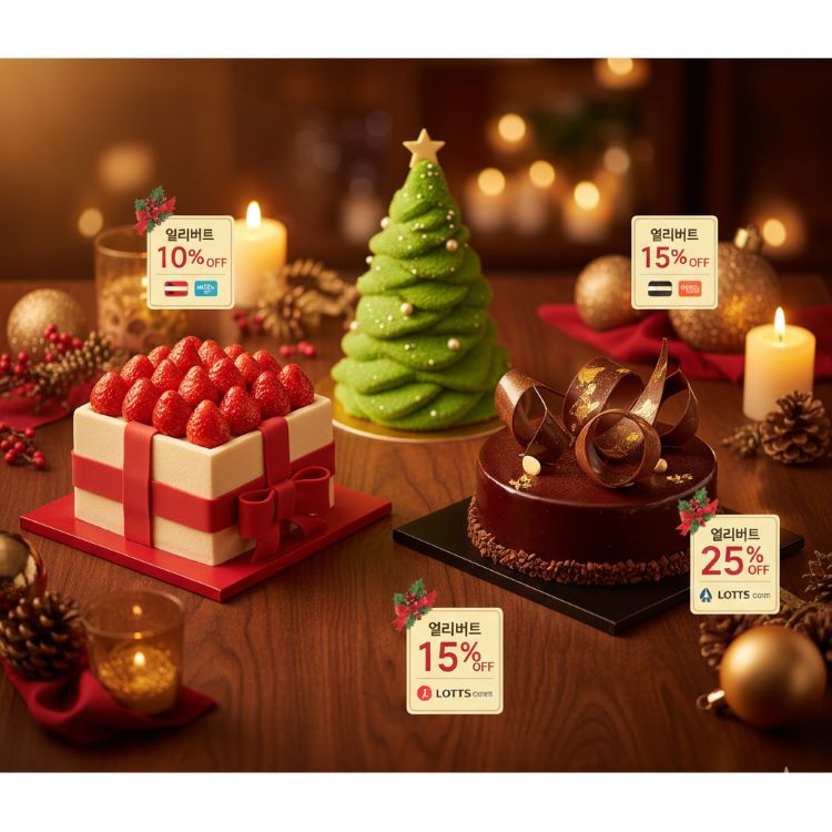 럭셔리 호텔 테이블 위에 신라·롯데·워커힐 크리스마스 케이크 3종이 놓인 상단 뷰. 트리 모양 무스 케이크, 금박 초콜릿 아트 케이크, 딸기 기프트 박스 케이크가 조명 아래 빛나고, 옆에 얼리버드 할인 태그(10~25%)와 카드·통신사 아이콘이 떠 있음. 크리스마스 장식과 캔들, 따뜻한 골드·레드 톤으로 고급스러운 16:9 고해상도 이미지
