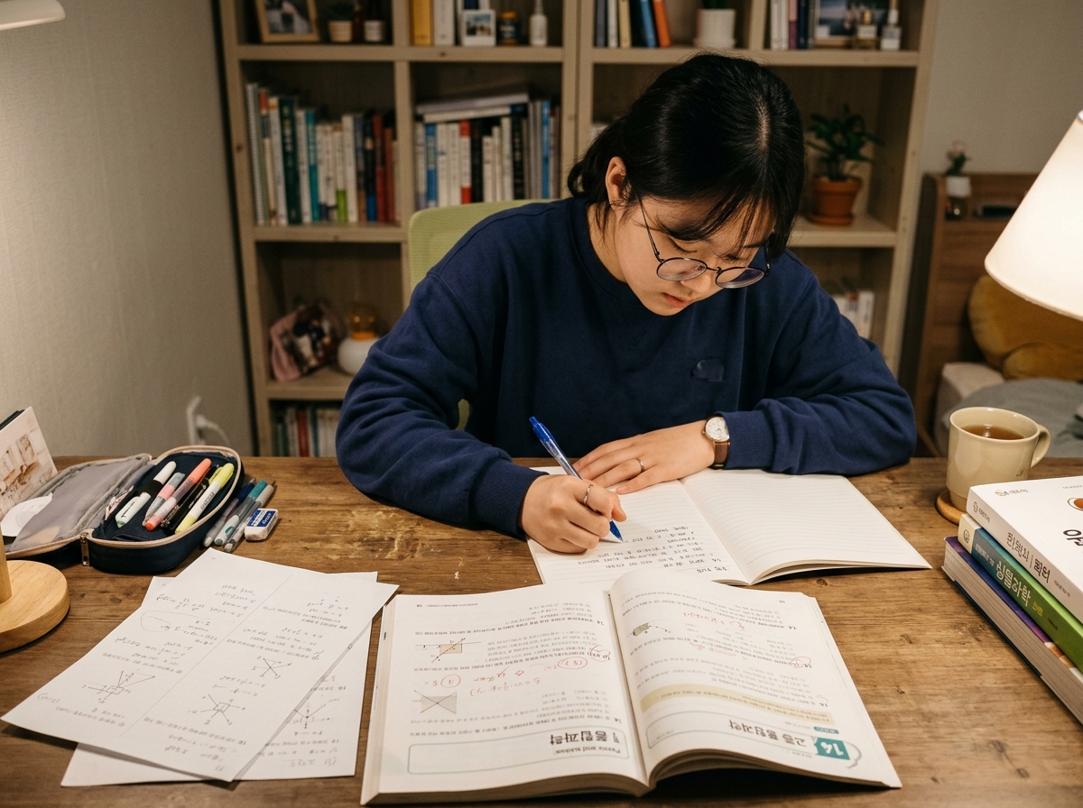 과학 문제 풀이 후 오답 노트를 작성하며 학습 점검하는 한국 학생