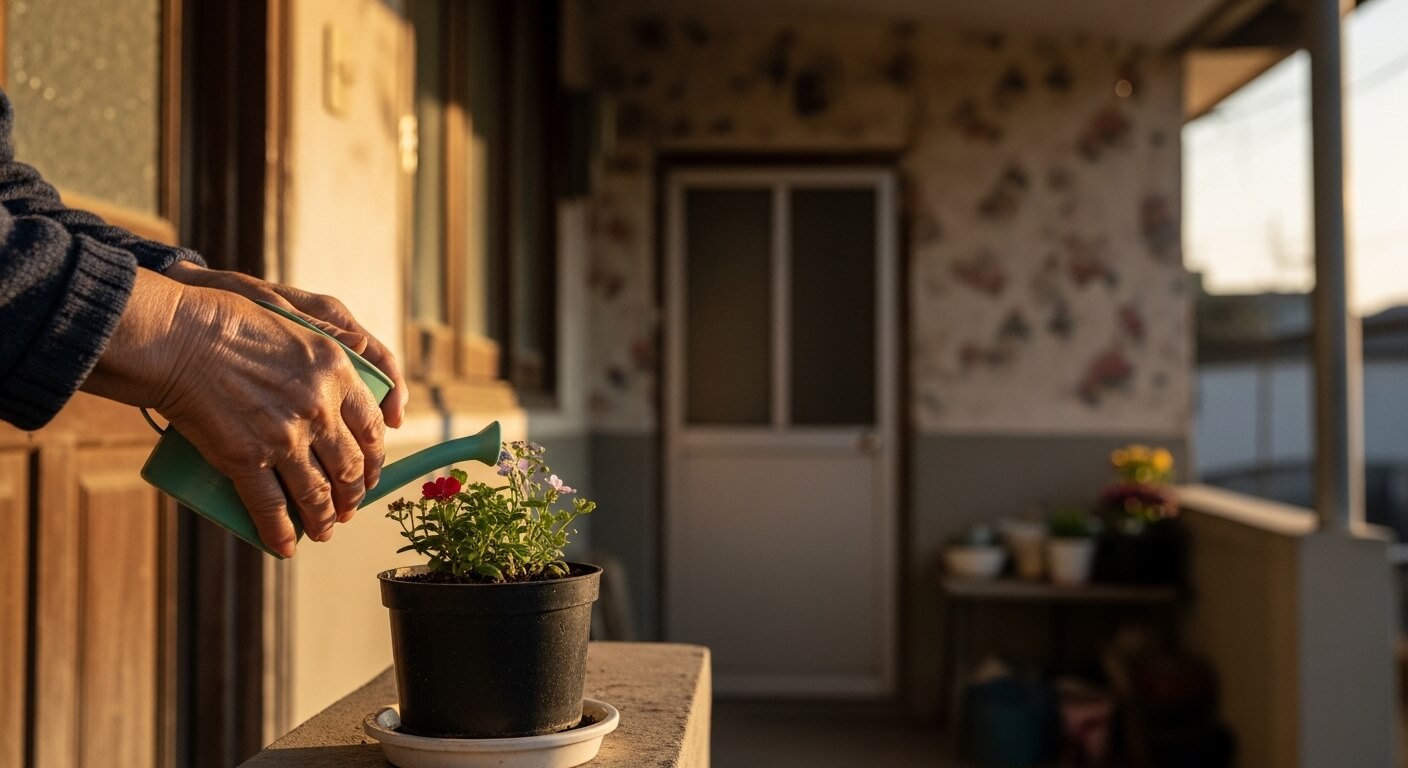 화분에 물을주고있는 손