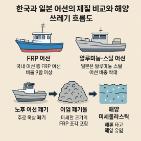 폐선 시 발생하는 어업 쓰레기와 미세플라스틱의 해양 유입 경로를 시각화함.