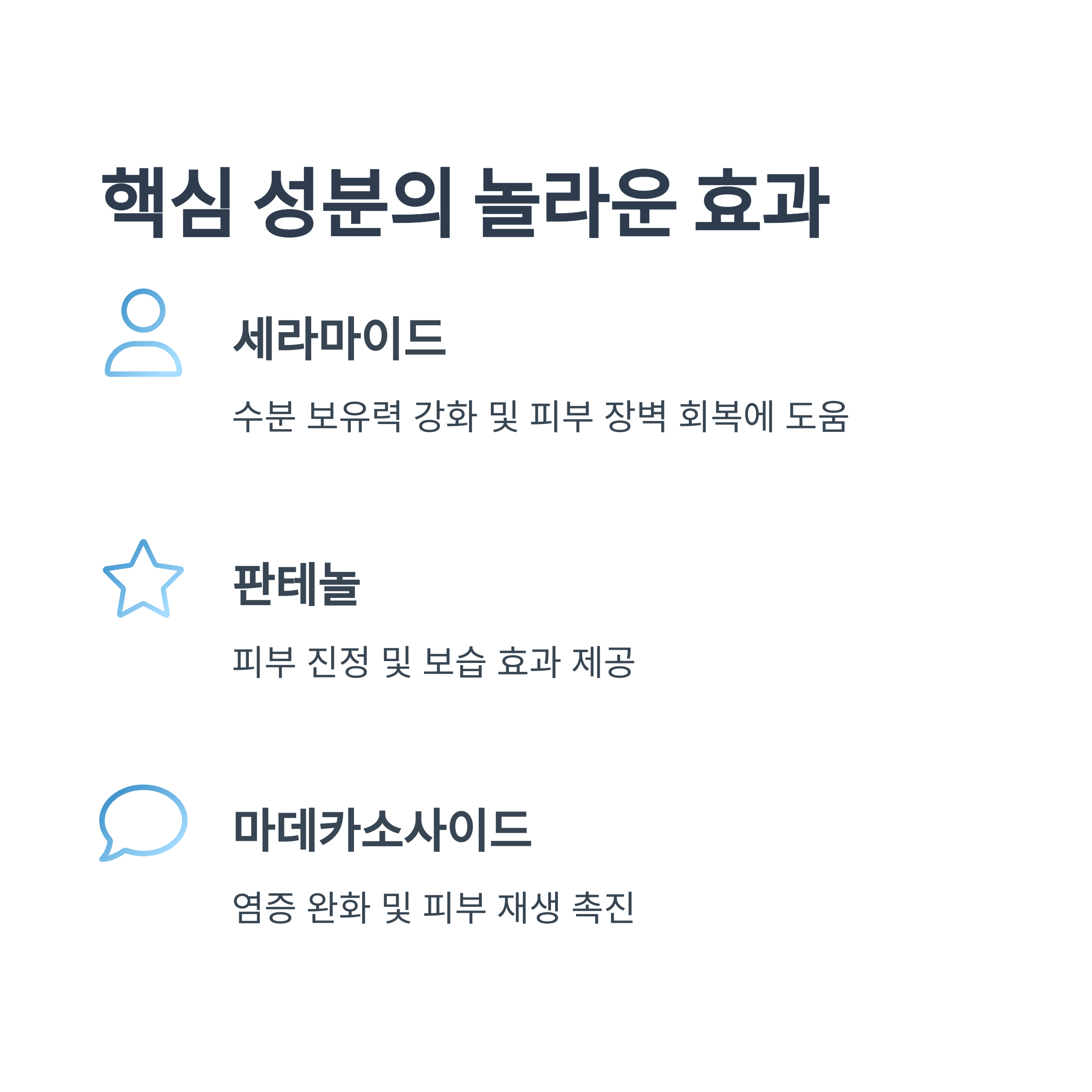 핵심 성분의 놀라운 효과
세라마이드
수분 보유력 강화 및 피부 장벽 회복에 도움
판테놀
피부 진정 및 보습 효과 제공
마데카소사이드
염증 완화 및 피부 재생 촉진