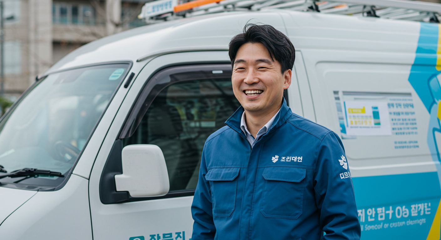 에어컨 청소 창업에 성공해 밝게 웃는 한국 창업자