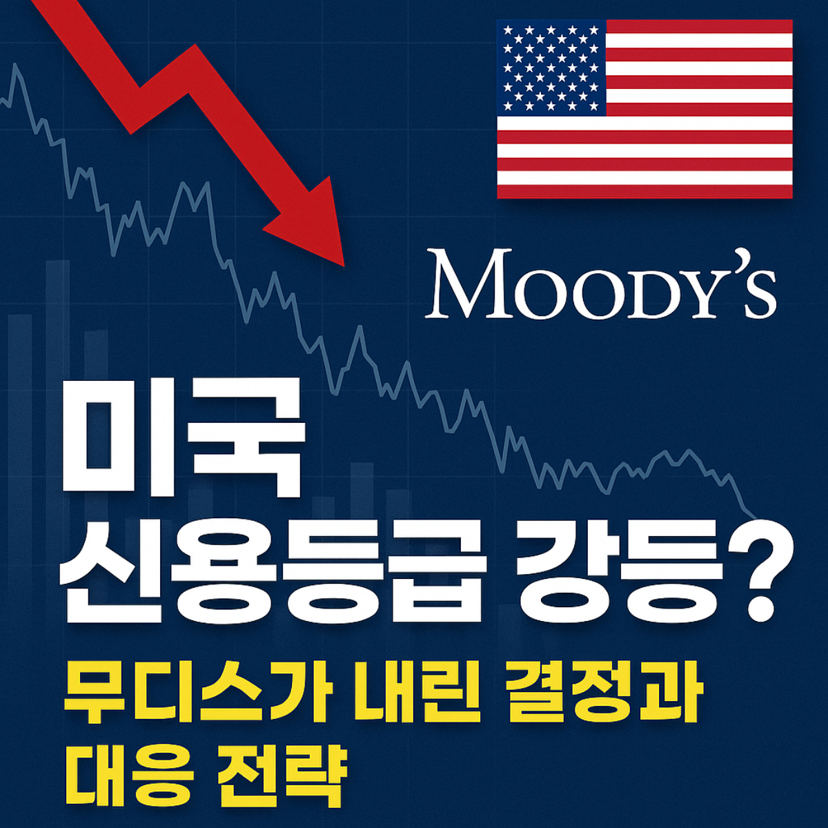 미국 신용등급 강등 뉴스, 무디스의 결정과 대응 전략을 소개하는 썸네일 이미지. 붉은 하락 화살표와 미국 국기, 무디스 로고가 포함됨