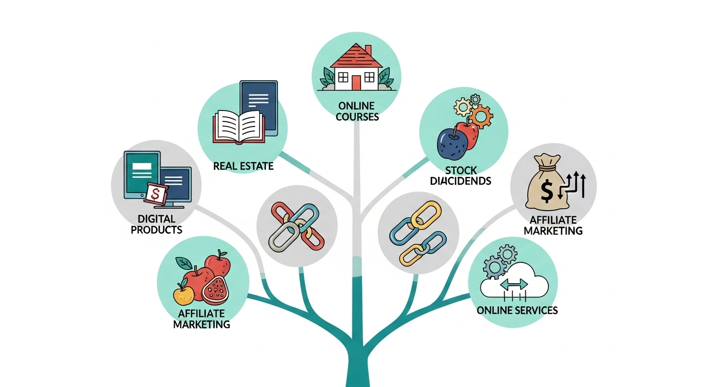 디지털 상품, 부동산, 주식 배당, 제휴 마케팅, 온라인 서비스 등 다양한 월급 외 수익 파이프라인이 나무의 가지처럼 뻗어 나가는 현대적인 일러스트.