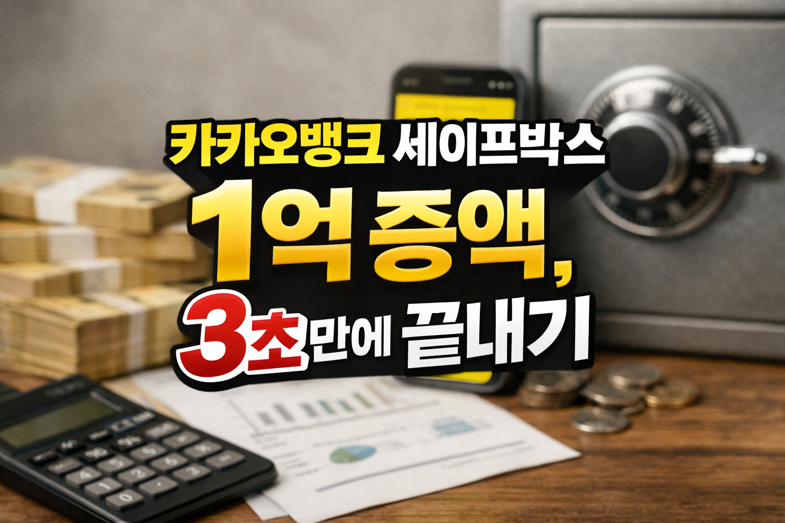 카카오뱅크 세이프박스 한도 1억 증액 방법을 설명하는 이미지. 금고와 현금, 스마트폰 화면이 함께 배치되어 고액 보관과 세이프박스 설정을 상징함.