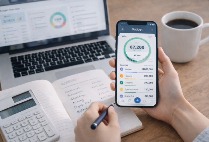 스마트폰으로 가계부 앱을 확인하며 노트에 지출 항목을 기록하는 모습. 옆에는 노트북, 계산기, 커피잔이 함께 놓여 있다.