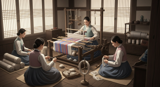 수공업 옷감짜는 여인들