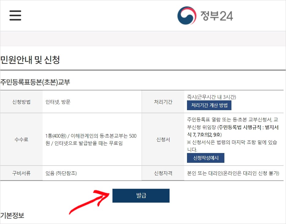 정부24 등본교부 수수료 안내