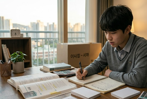 거실 테이블에서 교과서와 노트를 펼쳐두고 스스로 계획을 짜며 시험공부에 집중하고 있는 사춘기 남학생의 모습
