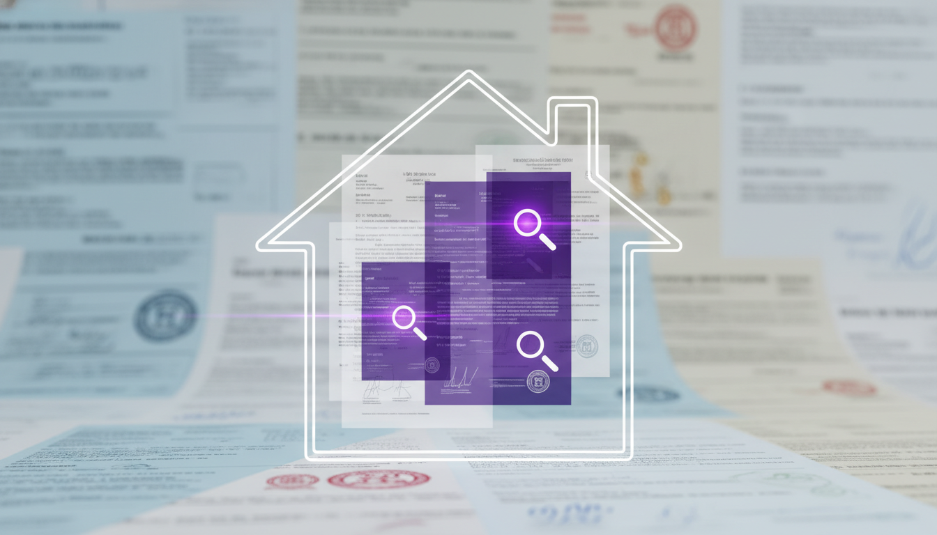 주택 위에 복잡한 법적 문서들이 겹쳐진 모습. 부동산 경매에서 권리 분석의 중요성과 복잡성을 상징합니다.