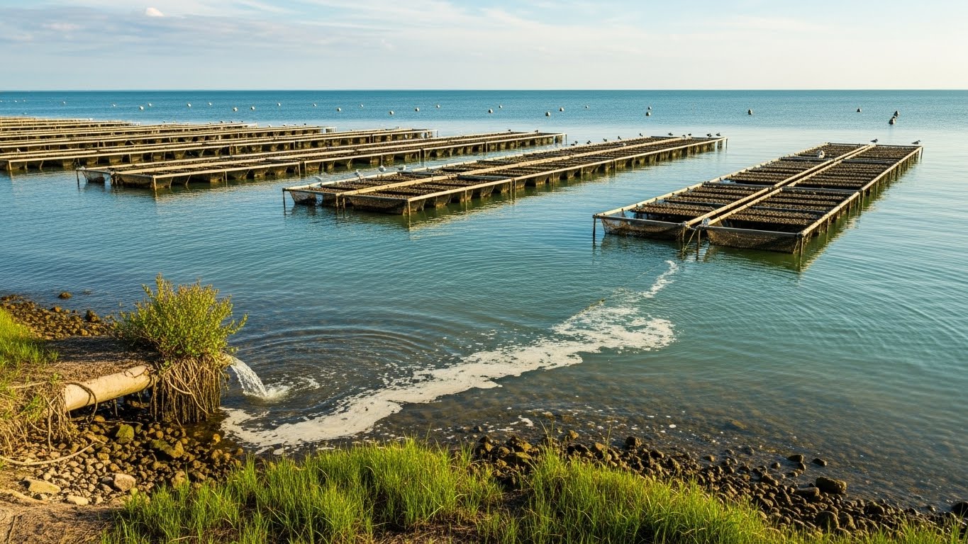 해안가-근처에-떠-있는-굴-양식장이-있는-굴-양식장-풍경입니다.