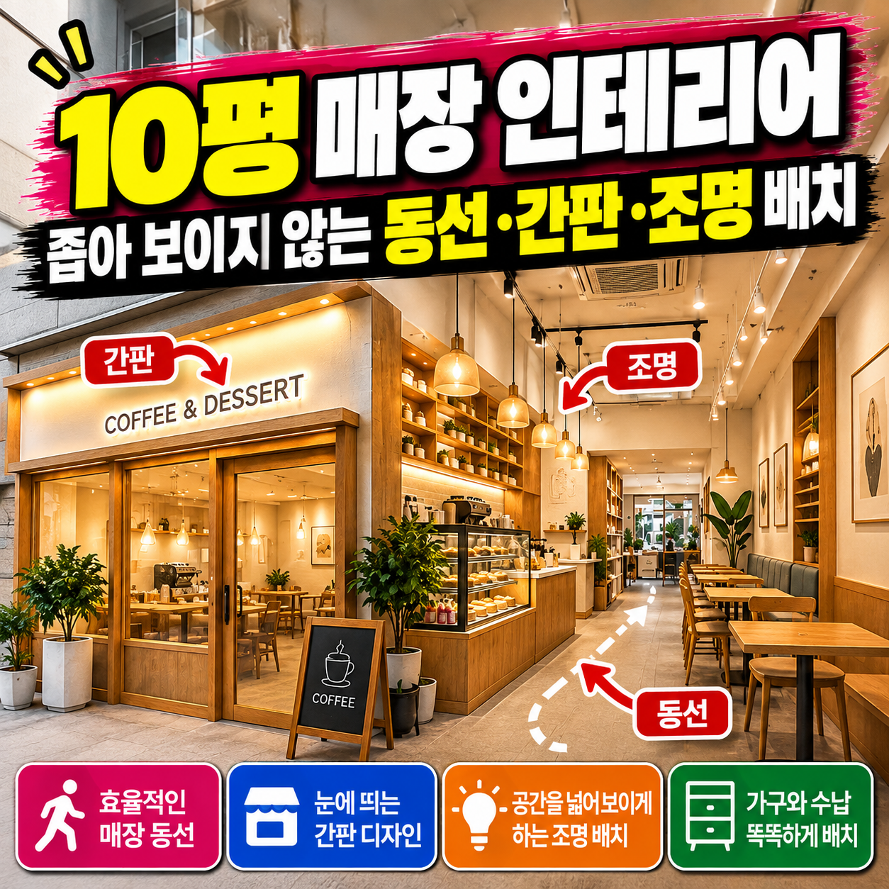 10평 매장 인테리어에서 좁아 보이지 않는 동선과 간판 조명 배치 방법을 소개하는 대표 이미지