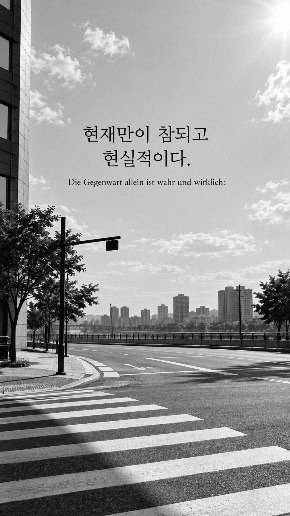 쇼펜하우어 명언 7 현재만이 참되고 현실적이다. 정오의 햇빛이 닿은 빈 횡단보도 배경의 한글&middot;독일어 이미지