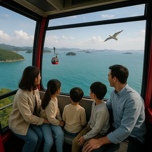 한려수도 케이블카 탑승 중 바다 파노라마