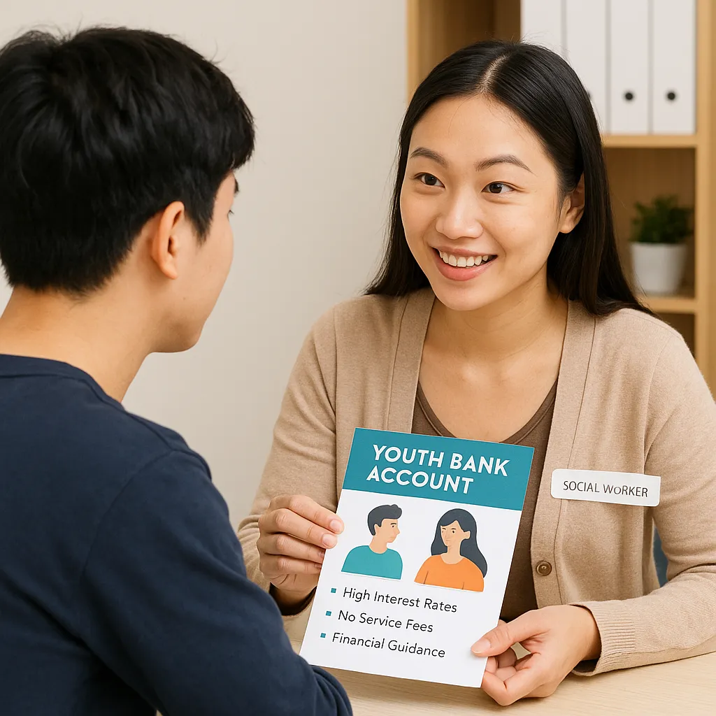청년에게 통장 혜택을 설명하는 복지사
