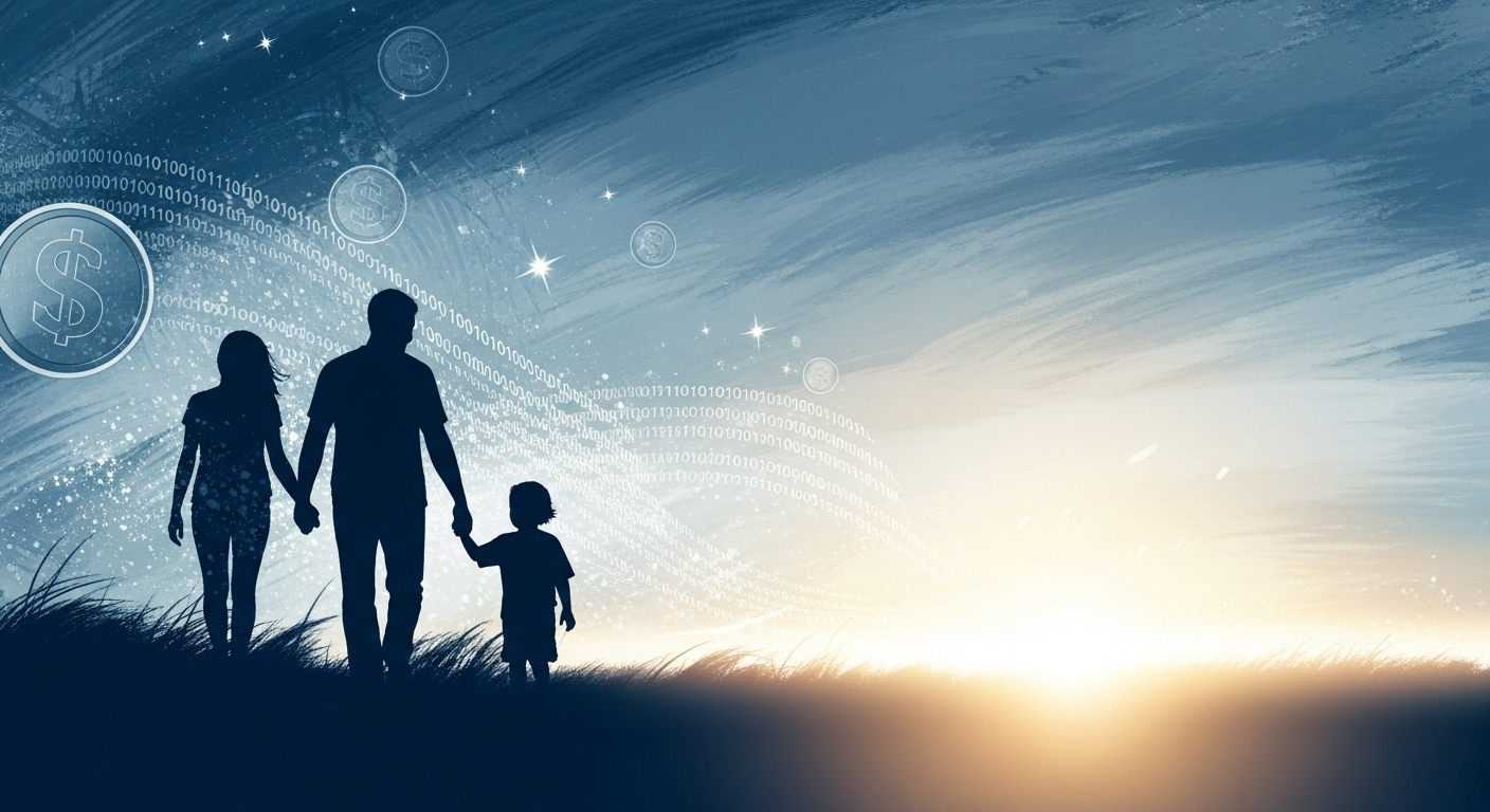 손을 잡고 희망찬 미래를 향해 걷는 행복한 가족의 실루엣, 자녀장려금의 긍정적인 효과를 상징.