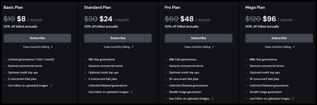 Midjourney 공식 사이트 플랜 페이지 스크린샷