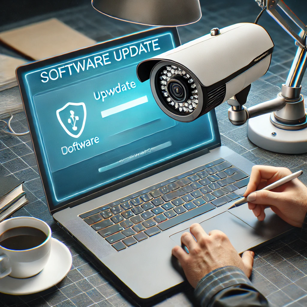 노트북을 통해 보안 카메라의 소프트웨어 업데이트를 수행 중인 사람&amp;#44; USB 케이블로 연결된 카메라와 업데이트 진행 상황이 표시된 노트북 화면&amp;#44; 책상 위에는 커피잔과 노트패드가 놓여 있어 효율적인 유지 관리를 상징