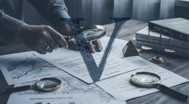 베트남 부동산 투자 시 필요한 신중한 분석과 정책, 법률적 리스크를 상징하는 이미지. 복잡한 문서를 검토하는 모습과 경고성 요소를 담고 있습니다.