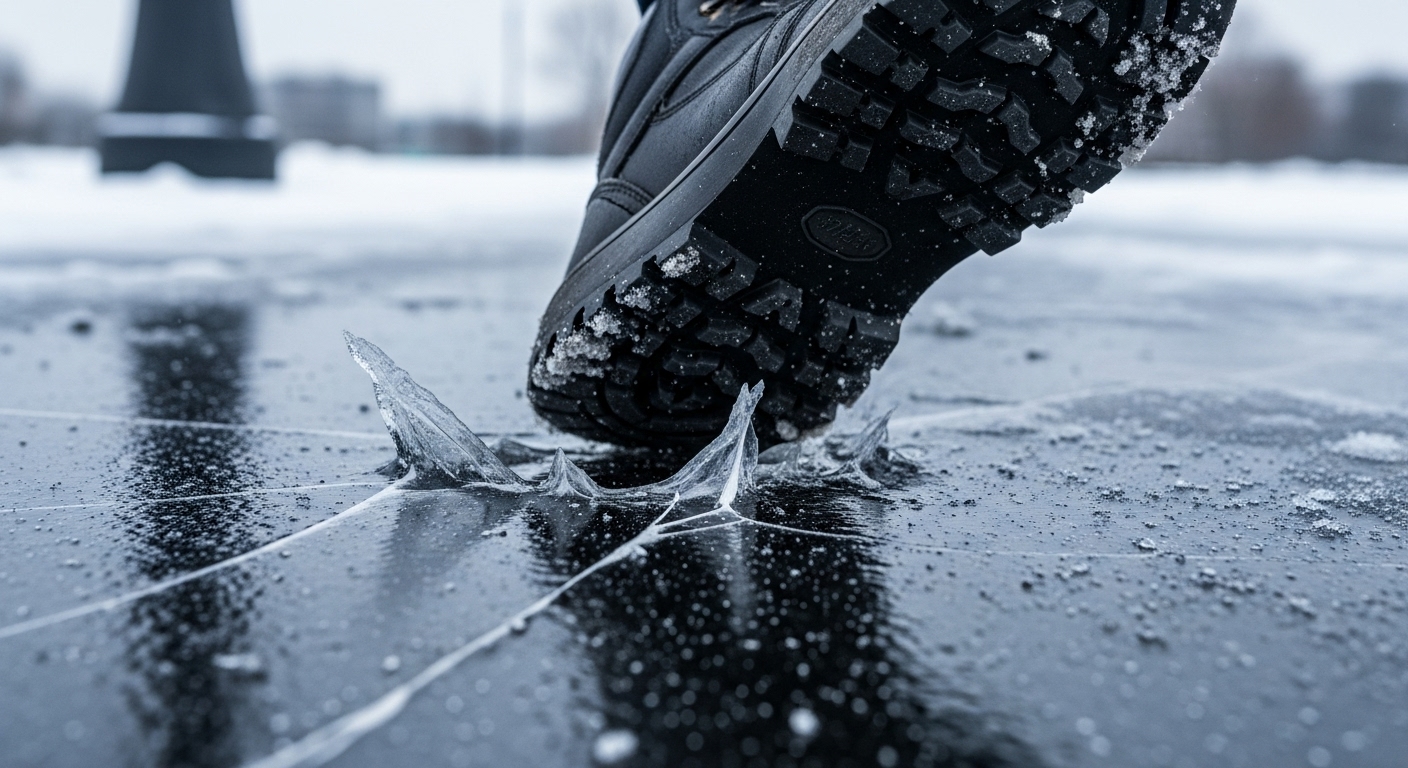 빙판길에서 미끄러져 균형을 잃는 발의 위험한 순간을 클로즈업한 이미지.