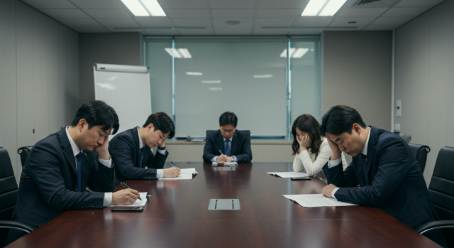 회의 중 피곤해하는 한국인 직장인들 모습
