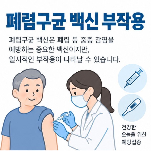 폐렴구균 백신 주사와 팔의 접종부위를 배경으로 폐렴구균 백신 부작용이라는 글자가 중앙에 놓인 교육용 건강 인포그래픽