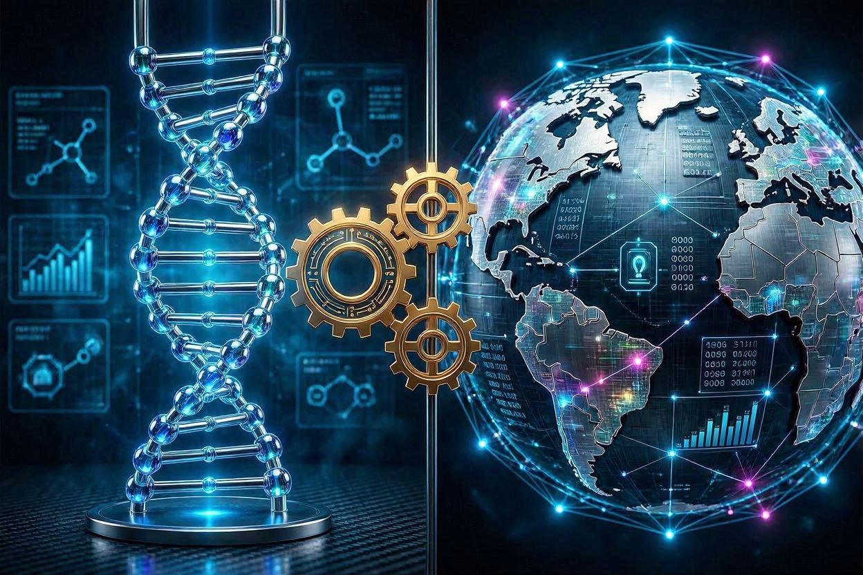 왼쪽은 빛나는 DNA 나선 구조(바이오), 오른쪽은 글로벌 금융 네트워크 노드(크립토)가 톱니바퀴처럼 맞물려 돌아가는 하이테크 3D 일러스트.