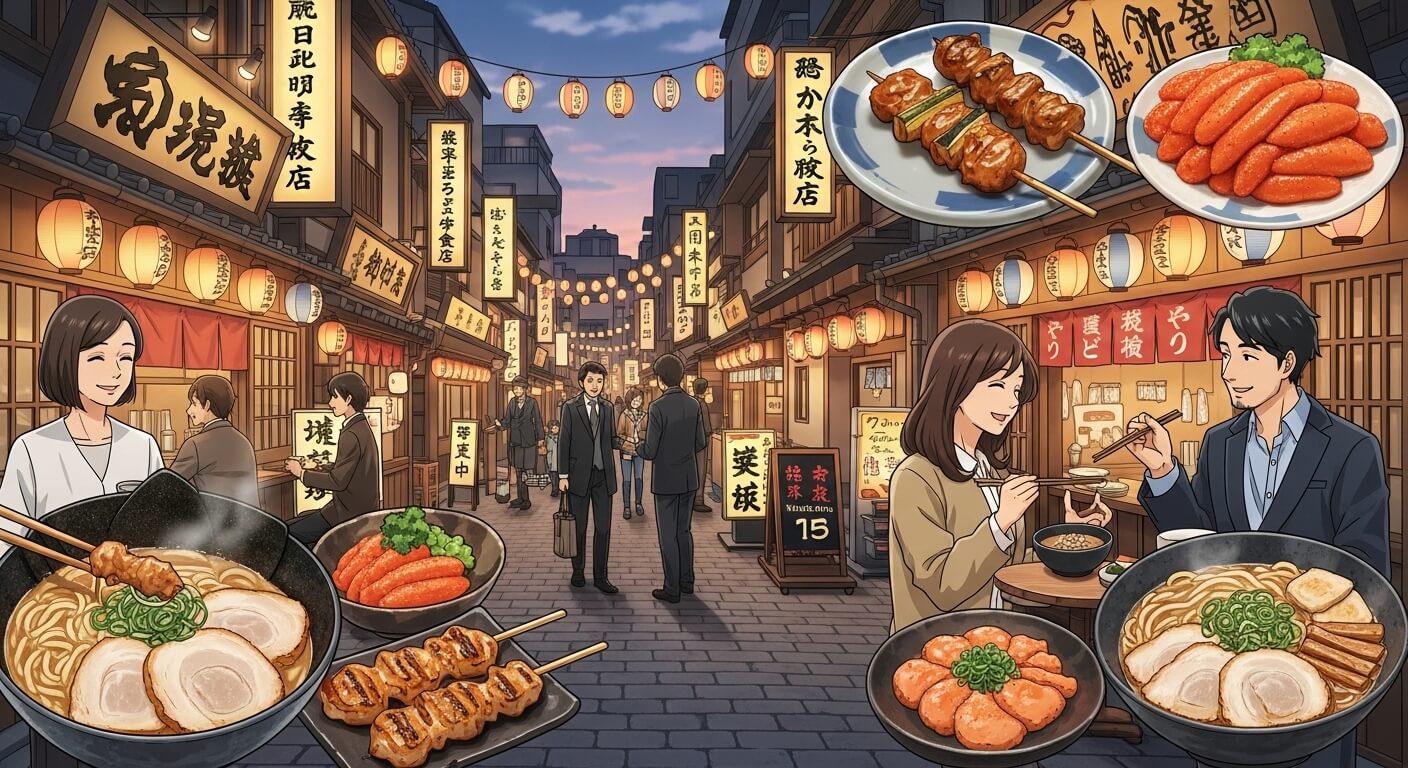 2025년 후쿠오카 현지인 맛집 골목의 활기찬 저녁 풍경. 따뜻한 조명 아래 현지인들이 돈코츠 라멘, 꼬치구이, 명란 요리를 즐기는 모습으로, 후쿠오카의 진정한 미식을 나타냅니다.