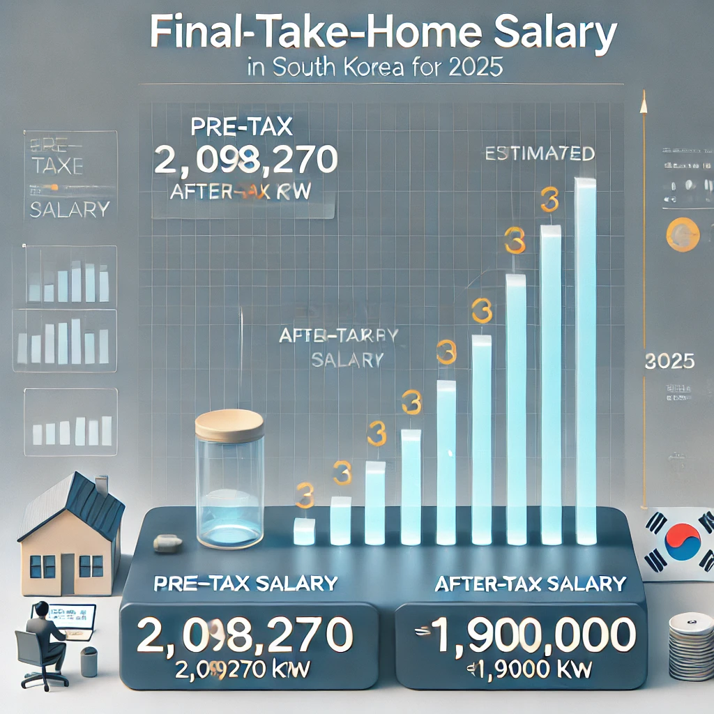 2025년 한국 최저임금 실수령액 예상 그래프. 세전 월급과 공제 후 실수령액(약 190만 원)이 비교된 이미지