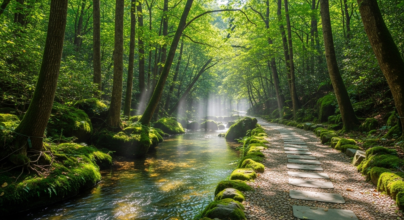 화담숲 계곡을 따라 조성된 산책로. 맑은 물과 푸른 이끼, 울창한 숲이 어우러져 평화로운 분위기를 자아냅니다.